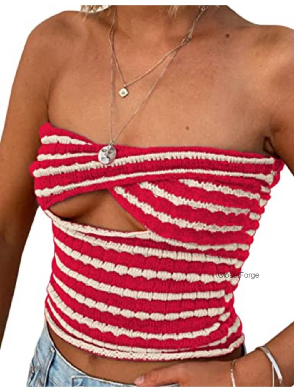 Women Striped Knit Bandeau Tube Crop Top Strapless Backless Twist Front